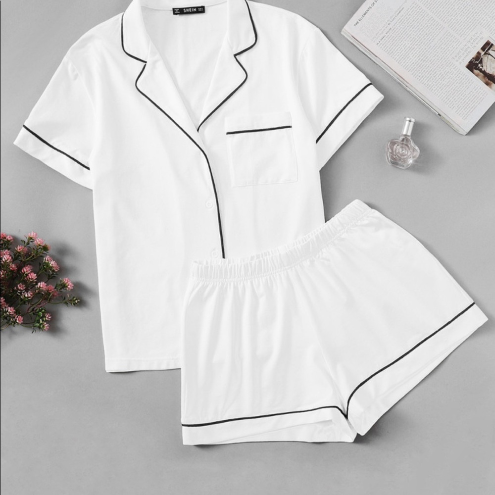 Shein Contrast Piping Shirt & Shorts Pj Set